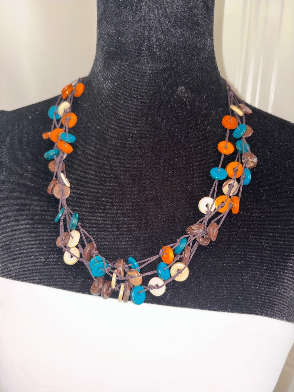 Multicolor Disc Bead Layered Necklace - Orange, Teal, Cream, Brown